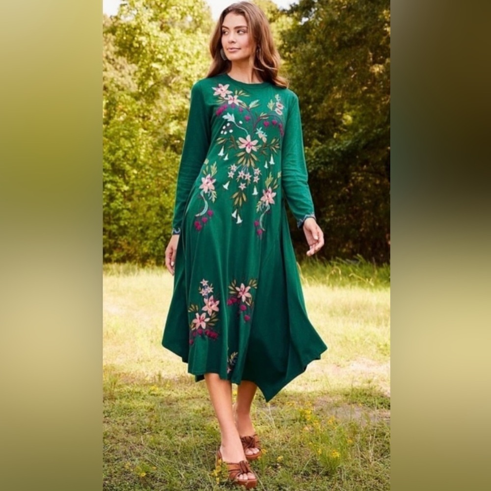 NEW Johnny Was Embroidered Green Amarylla Handkerchief Knit Dress Cotton XXL